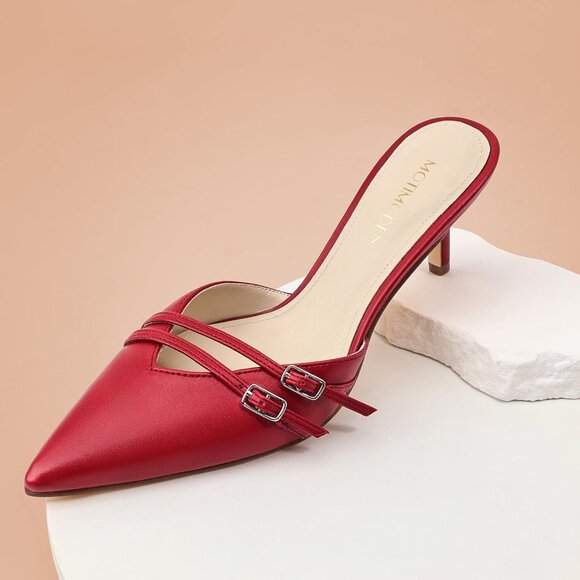Motimoden Kitten Heels Red Faux Leather Women's Pointed Closed Toe Slip Pumps - Picture 5 of 7